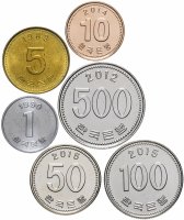 Купить Южная Корея набор монет 1968-2015 (6 штук, VF-XF, 1 вон VF-UNC)