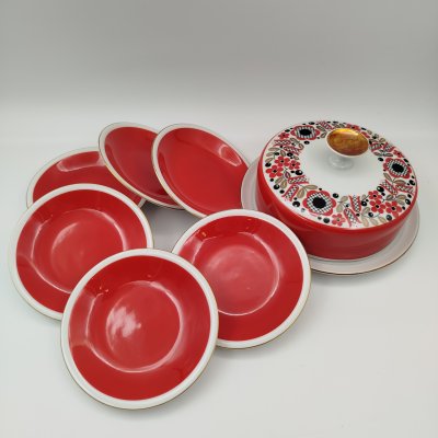 купить Набор для сервировки на 6 персон (масленка и розетки), выполненный в ярко-красном цвете с флористическим декором, фарфор, крытье, деколь, золочение, Freiberger Porzellan, ГДР, 1970-1990 гг.