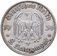 купить Фашистская Германия 2 рейхсмарки 1934 А "Потсдамская церковь" с датой на реверсе
