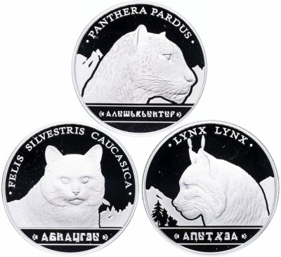 купить Абхазия 5 апсаров 2021 год "Большие кошки: Леопард, Лесной кот, Рысь" в футляре с сертификатом Редкость