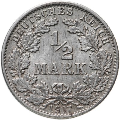 купить Германская империя 1/2 марки (mark) 1905-1919 из серебра 900 пробы