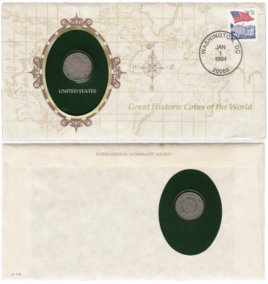 купить Серия «Великие исторические монеты мира» - США 5 центов (cents) 1883 (монета и 1 марка в конверте)