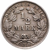 купить Германия 1/2 марки (mark) 1918 G знак монетного двора: "G" - Карлсруэ