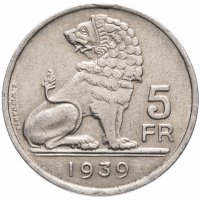 Купить Бельгия 5 франков (francs) 1939