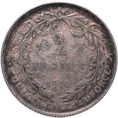 купить Бельгия 2 франка (francs) 1910 Надпись на французском - 'ALBERT ROI DES BELGES'