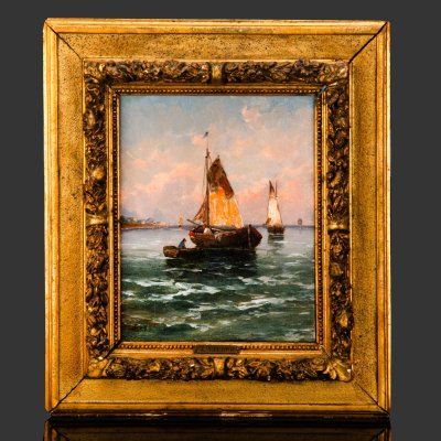 купить Картина "Морской пейзаж с парусниками", оформленная в раму, художник J. Vallon, холст, масло, дерево, мастика, золочение, металл, Западная Европа, 1870-1900 гг.