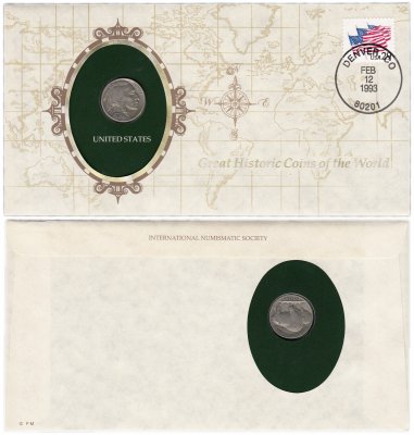 купить Серия «Великие исторические монеты мира» - США 5 центов (cents) 1937 (монета и 1 марка в конверте)