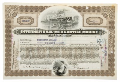 купить Акция США INTERNATIONAL MERCANTILE MARINE ( ТИТАНИК)" Гашение представителями банка "JP Morgan"" 1922 г.
