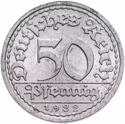 купить Германия (Веймарская республика) 50 пфеннигов (pfennig) 1922 знак монетного двора "A" — Берлин