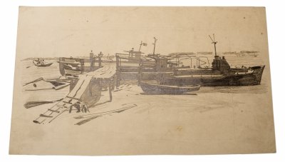 купить Эскиз "Баржи", бумага, графитный карандаш, художник А.М. Курилович, СССР, 1960-1970 гг.