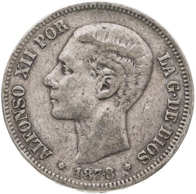 купить Испания 5 песет (pesetas) 1878, знак монетного двора: "DE M" - E.Diaz, J.Escosura