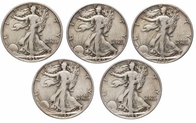 купить США подборка 1/2 доллара 1935-1944 "Шагающая Свобода", 5 штук