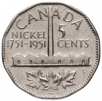 купить 5 центов (cents) 1951 200 лет с момента открытия никеля Канада