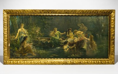 купить Репродукция картины Ханса Зацка (Hans Zatzka) «Cherubs at boat» (Лесные нимфы), хромолитография, дерево, Западная Европа, 1960-1980 гг.