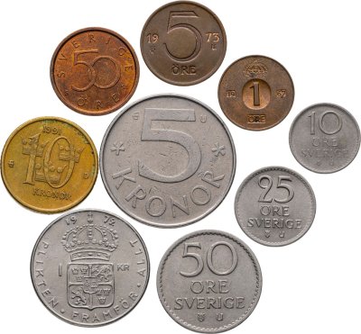 купить Швеция набор из 9 монет 1, 5, 10, 25, 50 эре (ore) , 1, 5, 10 крон 1967-2008