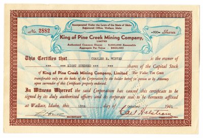 купить Акция США King of Pine Creek Mining Company 1941 г.