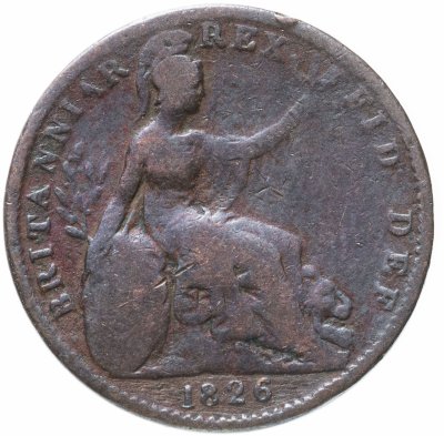 купить Великобритания 1 фартинг (farthing) 1826 Дата на реверсе под Британией
