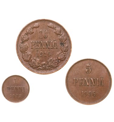 купить Набор медных монет Русской Финляндии: 1, 5 и 10 пенни 1894-1917 (период правления Николая II)