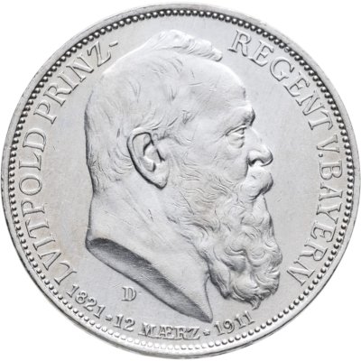купить Германская империя (Бавария) 3 марки 1911 "90 лет со дня рождения Луитпольда Баварского"