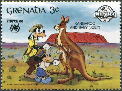 купить Гренада Почтовая марка 1988 "Микки Маус и Гуфи с кенгуру"
