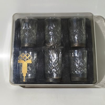 купить Набор из шести стопок с олимпийской символикой на футляре, стекло, металл, пластик, СССР, 1980 г.