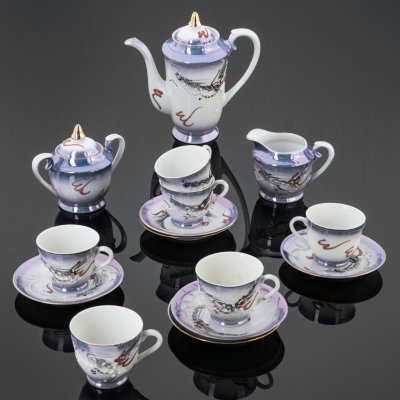 купить Сервиз кофейный "Дракон" с литофанией на дне на 6 персон (15 предметов), фарфор, бисквит, роспись, золочение, люстр, Япония, 1950-1970 гг.