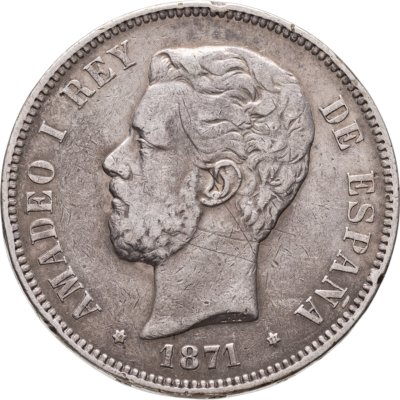 купить Испания 5 песет (pesetas) 1871 18 и 71 внутри звёзд