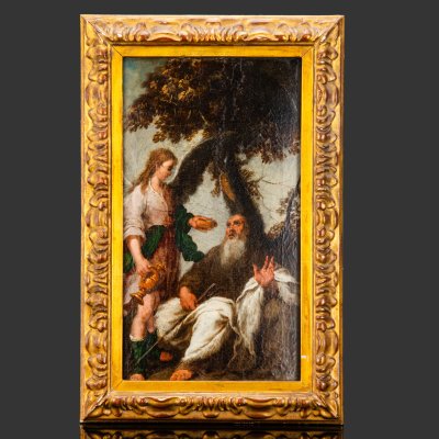 купить Картина в раме с библейским сюжетом "Явление ангела пророку Илие", дерево, (холст на дереве), масло, Европа, 1920-1940 гг.