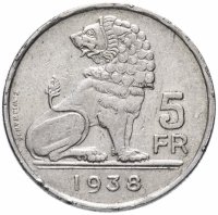 Купить Бельгия 5 франков (francs) 1938
