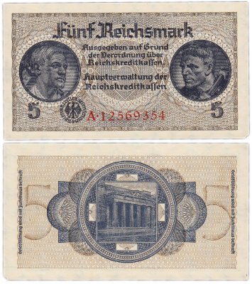 купить Германия 5 рейхсмарок (reichsmark) 1940-1945 Pick R138b