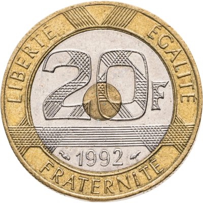 купить Франция 20 франков (francs) 1992 (KM#1008.1, 4 насечки на гурте)