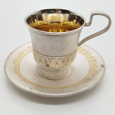 купить Пара кофейная с орнаментальным декором, мельхиор (медь-никель), гравировка, золочение, Мстерский завод художественных изделий «Ювелир», СССР, 1979 г.