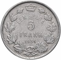 Купить Бельгия 5 франков (francs) 1931 Надпись на голландском - 'ALBERT KONING DER BELGEN'