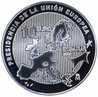 Купить Испания 10 евро 2002 "Председательство Испании в Европейском Союзе" в футляре, с сертификатом