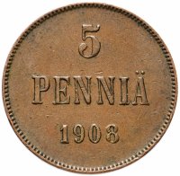 Купить 5 пенни (pennia) 1908, для Финляндии