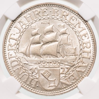 купить Германия 5 рейхсмарок (reichsmark) 1927 "100 лет Бремерхафену" в слабе ННР MS63