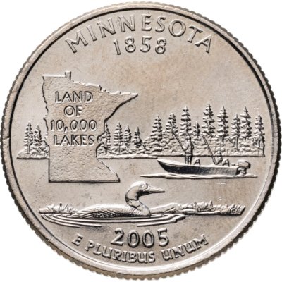 купить США 25 центов (квотер, 1/4 доллара, quarter dollar) 2005 D Миннесота (Minnesota) знак монетного двора "D" - Денвер