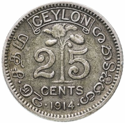 купить Цейлон 25 центов (cents) 1914