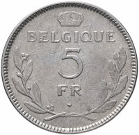 купить Бельгия 5 франков (francs) 1936 Надпись на французском - 'BELGIQUE' Отношение аверса к реверсе - монетное (180°)