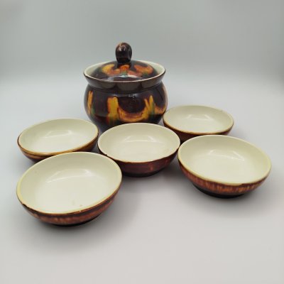 купить Набор для подачи варенья ( 5 розеток и бочонок), фаянс, поливы, Конаковский фаянсовый завод им. М.И. Калинина (ЗиК Конаково), СССР, 1974-1991 гг.