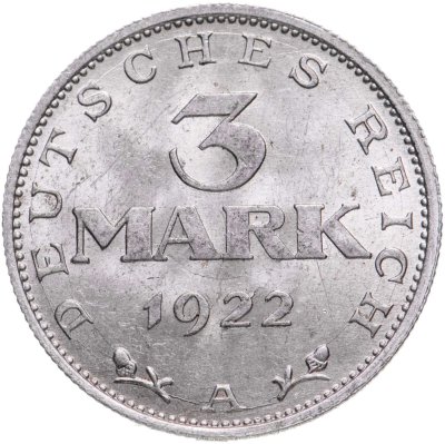 купить Германия 3 марки (mark) 1922 A знак монетного двора "A" — Берлин
