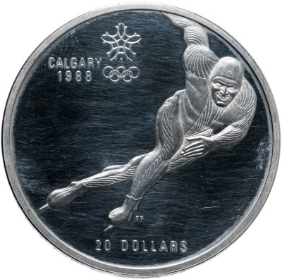 купить Канада 20 долларов (dollars) 1985 XV зимние Олимпийские Игры, Калгари 1988 - Конькобежный спорт Надпись на гурте 'XV OLYMPIC WINTER GAMES - XVES JEUX OLYMPIQUES D'HIVER'