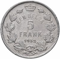 Купить Бельгия 5 франков (francs) 1932 Надпись на голландском - 'ALBERT KONING DER BELGEN'