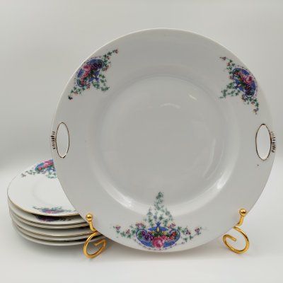 купить Набор из 6-ти пирожковых тарелок и блюда, украшенных цветочным декором, фарфор, деколь, золочение, Victoria, Чехословакия, 1918-1939 гг.