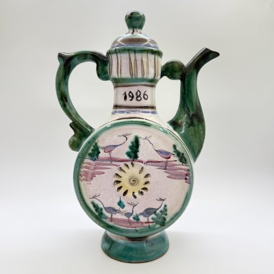 купить Кумган, украшенный пейзажем, Гжель, керамика, роспись, СССР, 1986 г.