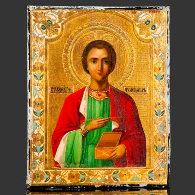 купить Икона "Святой великомученик и целитель Пантелеймон" (покровитель врачей), дерево, масло, цировка, Российская империя, 1900-1915 гг.