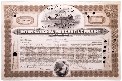 купить Акция США INTERNATIONAL MERCANTILE MARINE ( ТИТАНИК)" Гашение представителями банка "JP Morgan"" 1922 г.