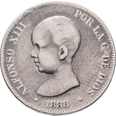 купить Испания 5 песет (pesetas) 1888 Буквы МР и М на реверсе