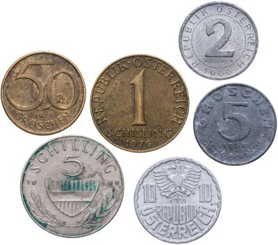 купить Австрия набор монет от 2 грошей до 5 шиллингов 1959-2001 (6 шт)
