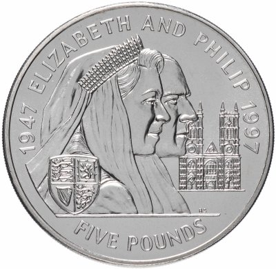 купить Джерси 5 фунтов (pounds) 1997 "50 лет свадьбе Королевы Елизаветы II и Принца Филиппа"